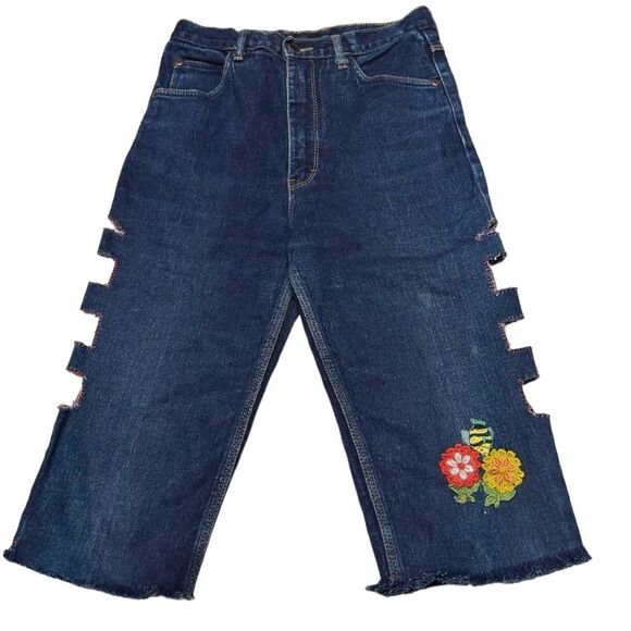 Upcycled Hand Altered High Rise Capris Jean Shorts Side Cutouts Flower Patch - Picture 1 of 9